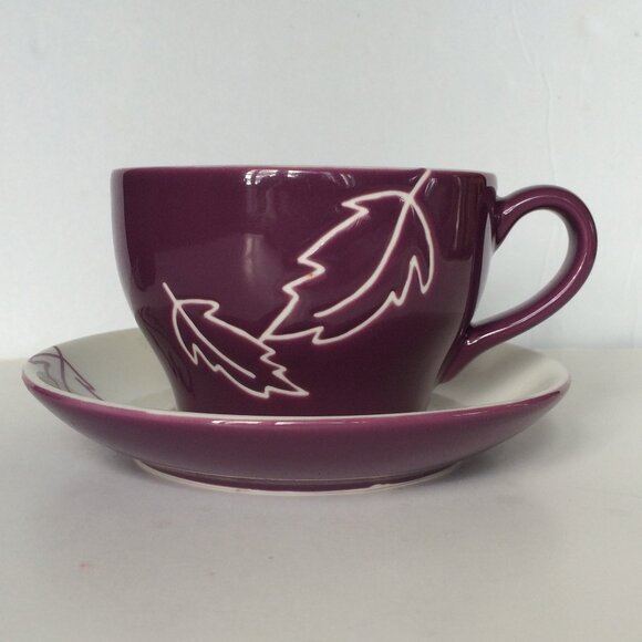 Starbucks 2007 Coffee Tea Mug Cup Saucer Set Purple White Leaf 10 oz - Picture 1 of 10